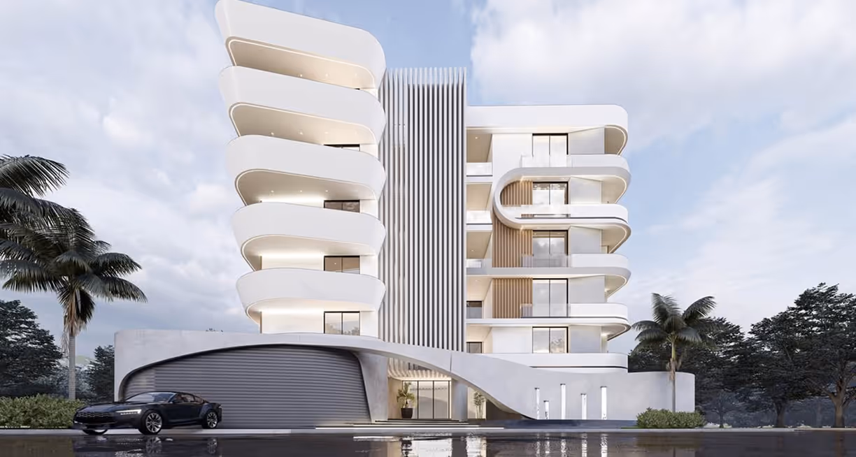 A close view of Curve's rounded balcony edges and the stair core behind.