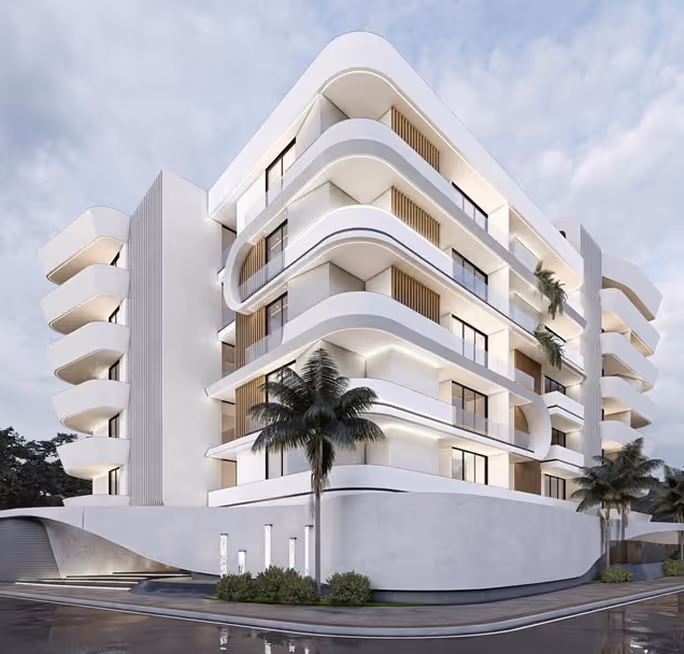 The long elevation of Curve, each floor stepping behind a curved balcony.