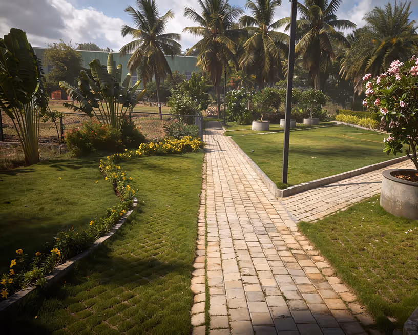 A paved walkway curving between planted verges at Fadal.