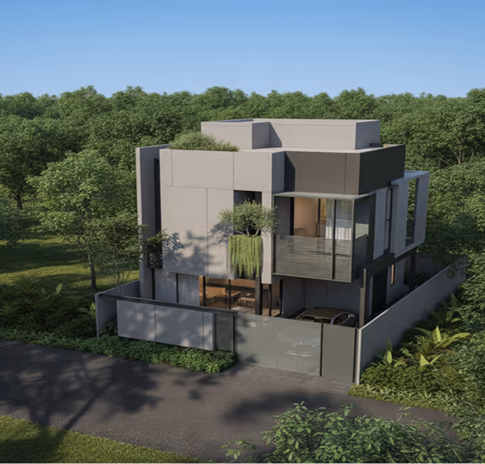 A corner H4 villa with deep balconies and a planted roof terrace.