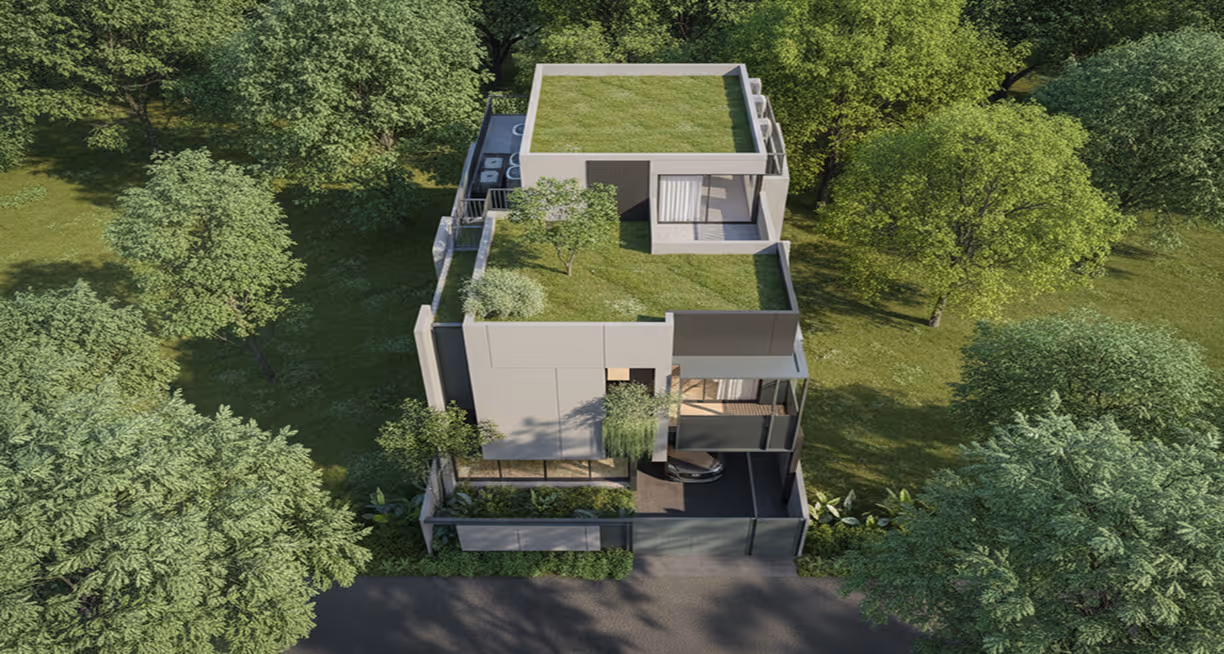 An H4 villa seen through surrounding trees, greenery on every level.