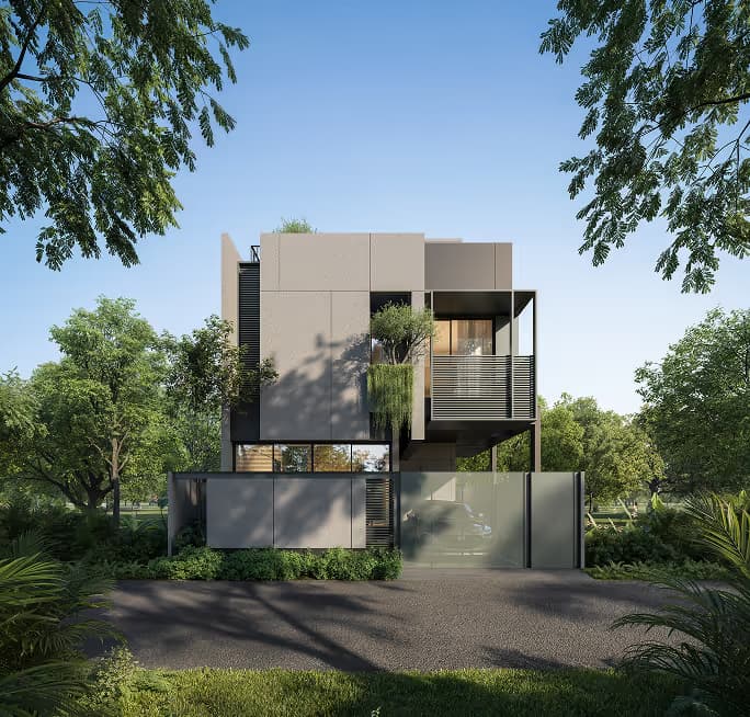 Two H4 villas side by side, linked by a planted walkway.