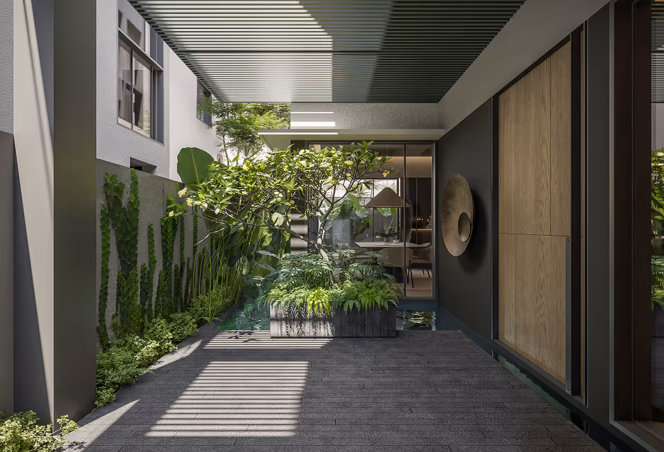 A shaded pathway running between the H4 villas.