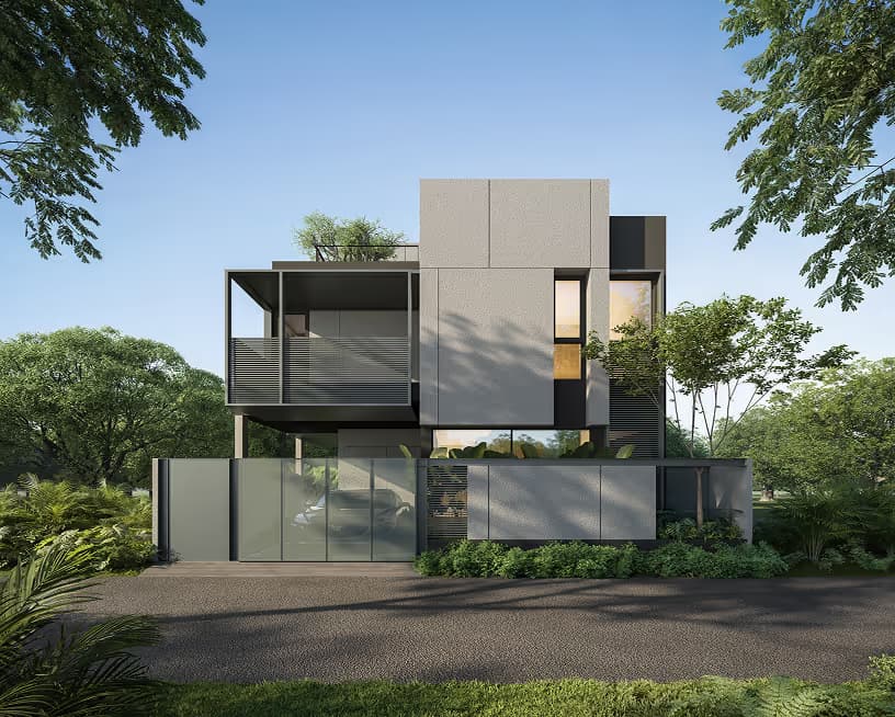 An H4 villa frontage with timber screening and mature planting.