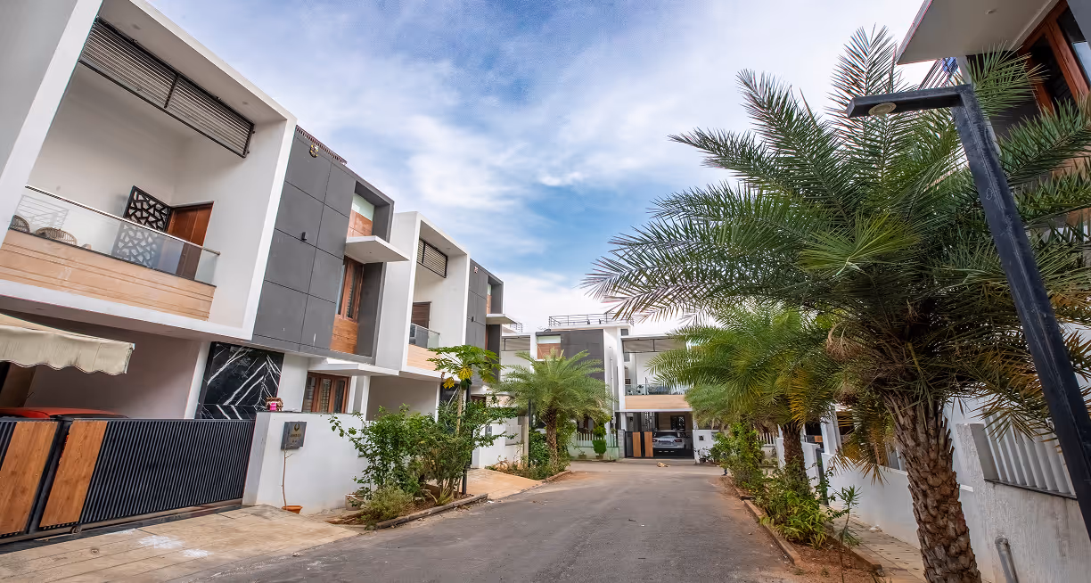 The street frontage of a Happiness 1 villa, with a mature tree at the boundary wall.