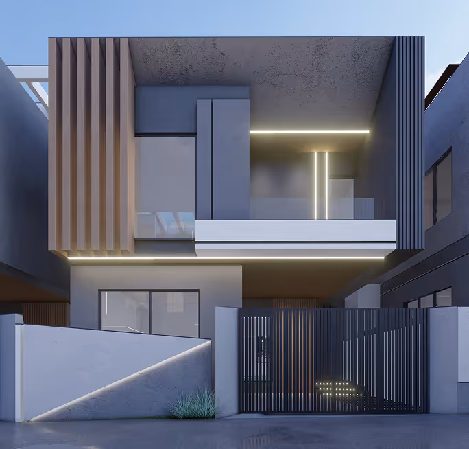 A Happiness 2 villa elevation in dark stone and white render, lit from within.
