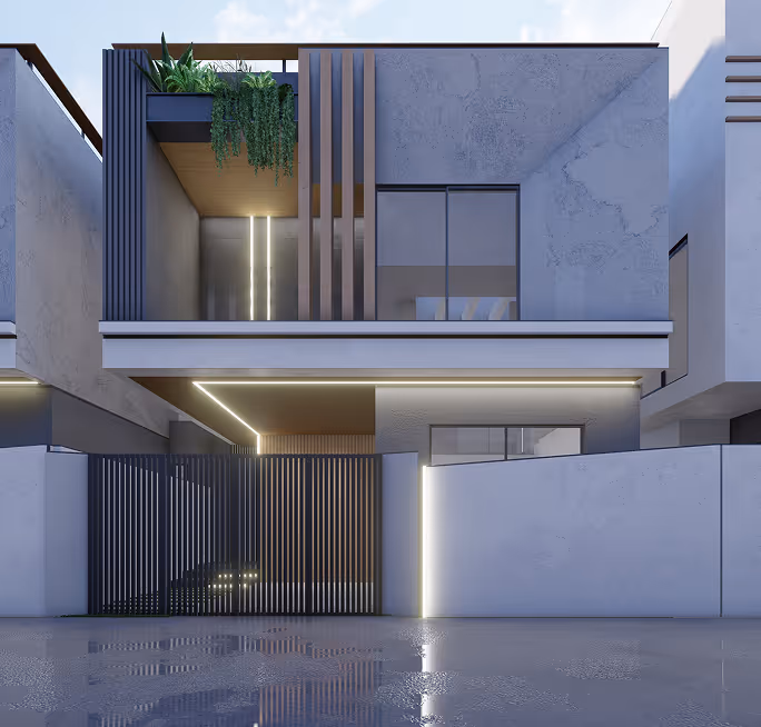 A Happiness 2 villa frontage with vertical timber screening to the upper floor.