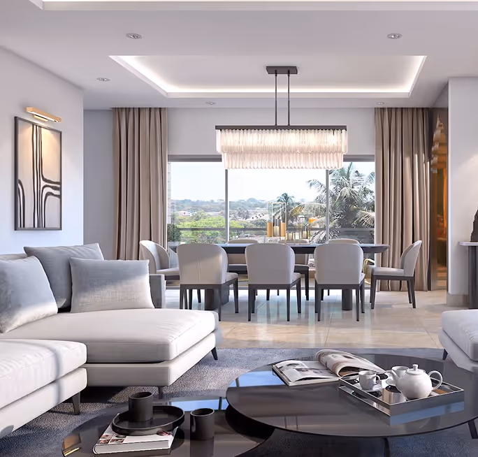 A living room in a Meraki apartment, seating arranged toward a full-height window.