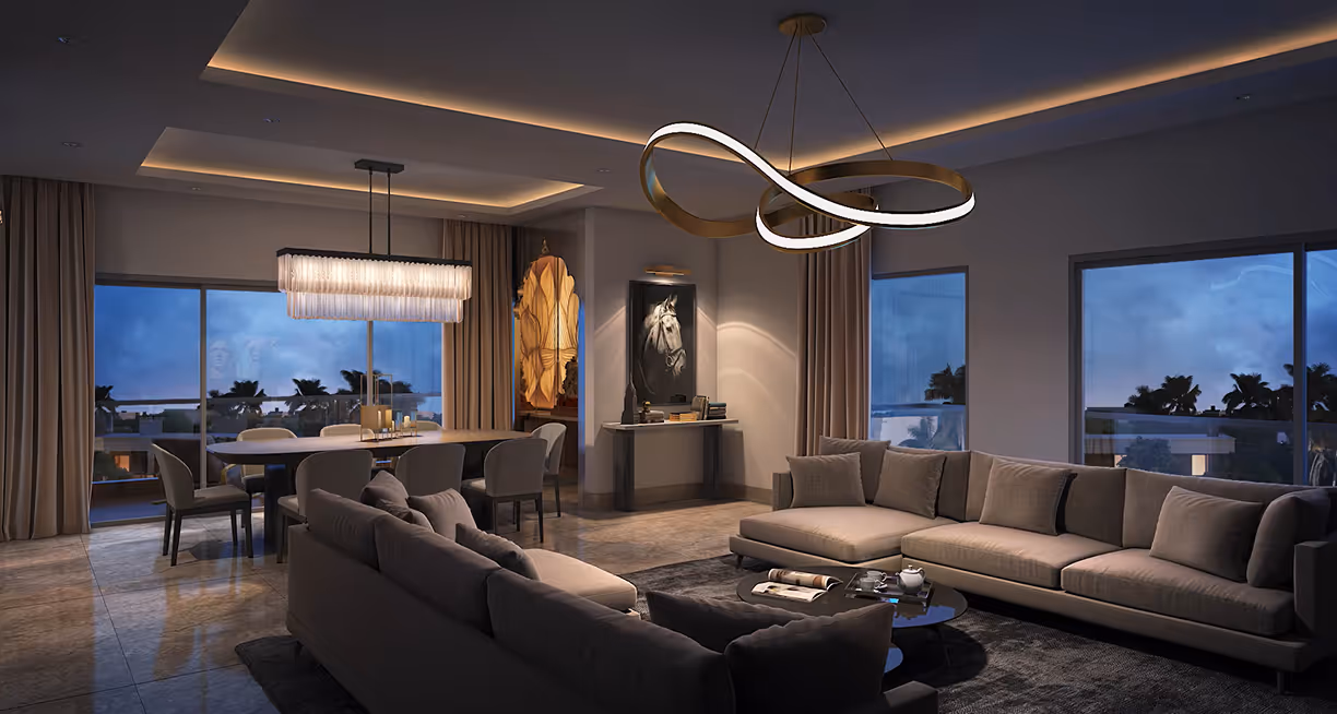 A dining area in a Meraki apartment under a sculptural pendant light.