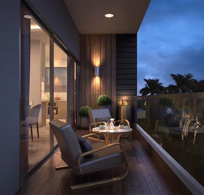 A Meraki living space at dusk, glazing opening to a balcony.