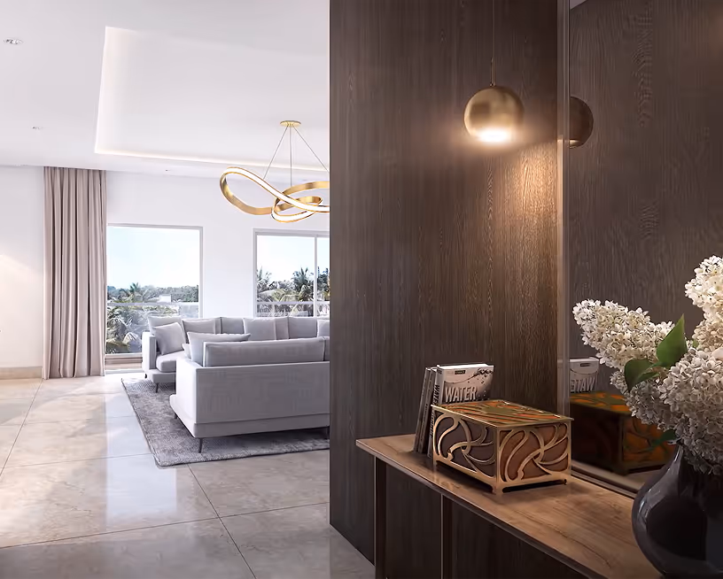 A seating area in a Meraki apartment beside a display niche.