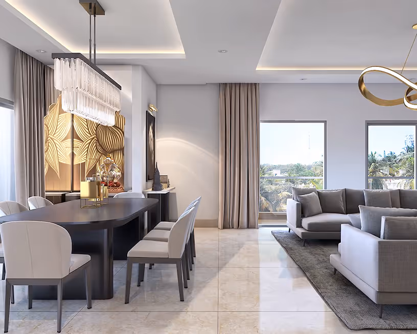 A Meraki living and dining space seen from the entrance.
