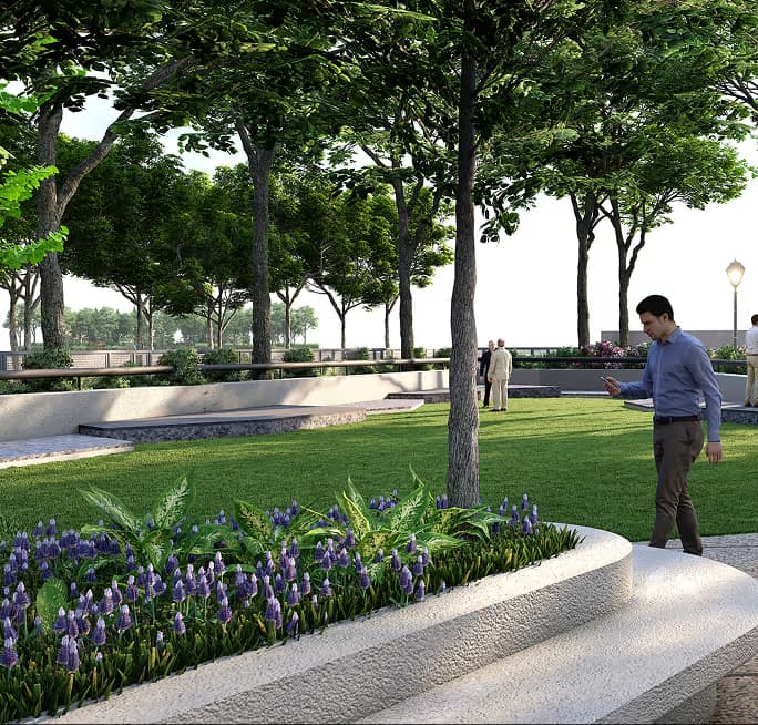 A landscaped walkway at Rare Earth, benches set along the path.