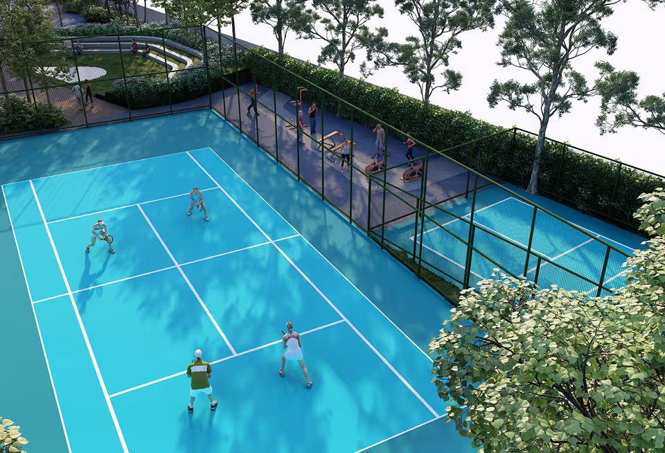 A swimming pool in the Rare Earth grounds, seen from above.
