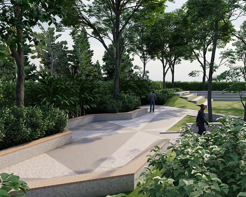 A curving footpath through planting at Rare Earth.