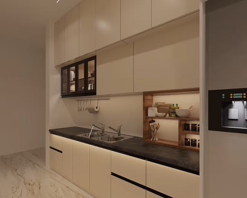 A kitchen inside a V4 apartment, with pale cabinetry and a run of wall units.