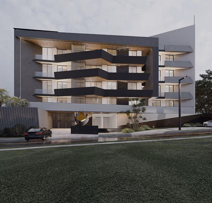 The V4 block seen from the corner, balconies running the length of the elevation.
