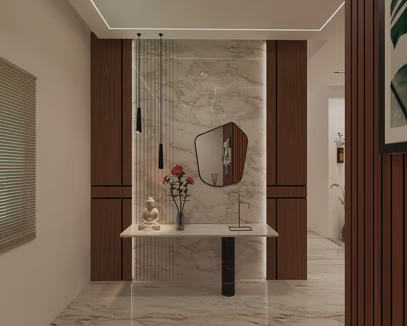 A bathroom inside a V4 apartment, finished in veined stone.