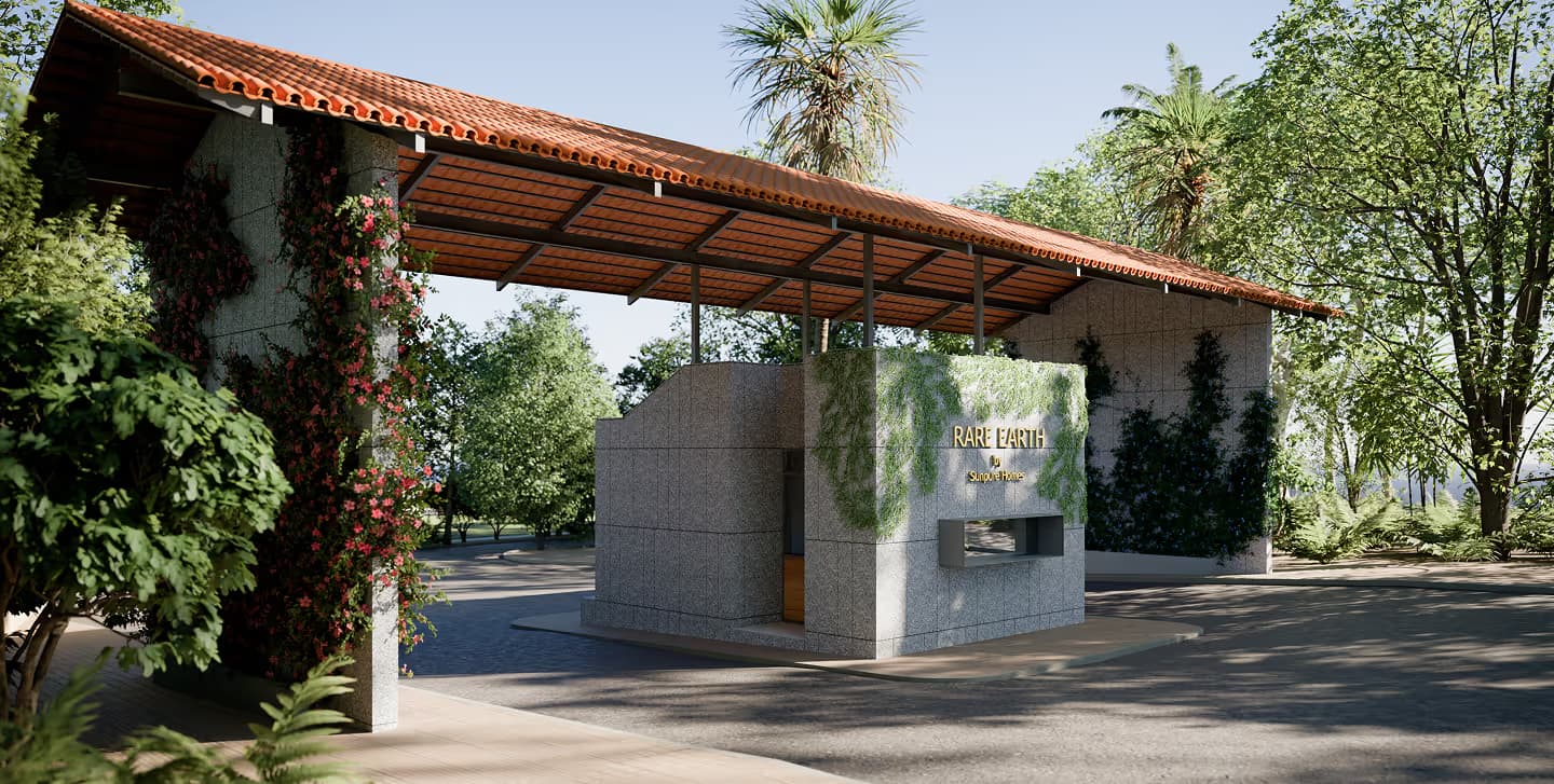 The Rare Earth entrance gateway — a tiled canopy on timber beams, carried on stone piers hung with creepers.